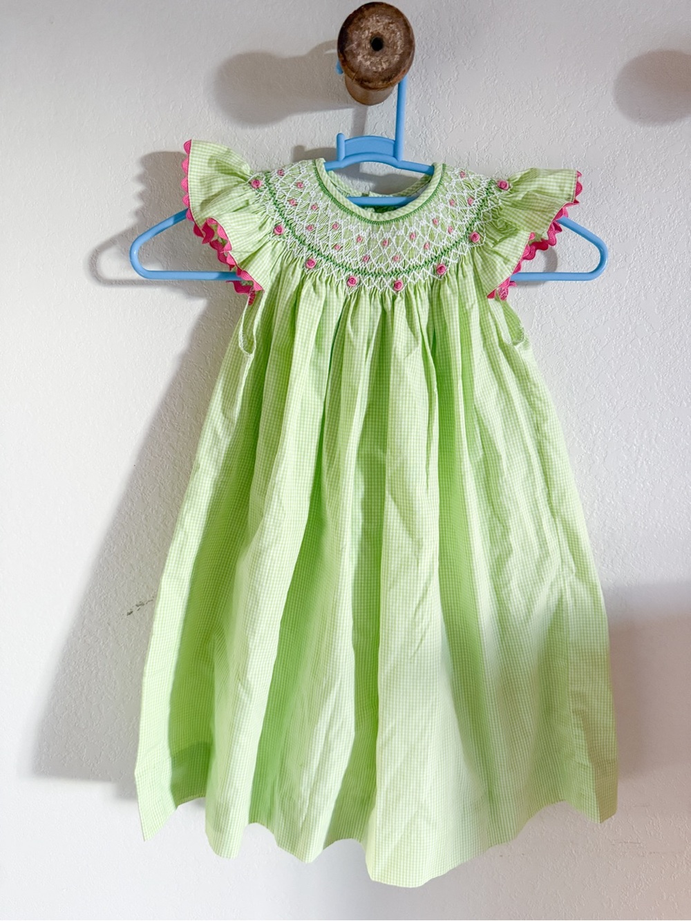 Remember Nguyen Lime Green Smocked Flutter Sleeve Bishops Dress with Pink Trim